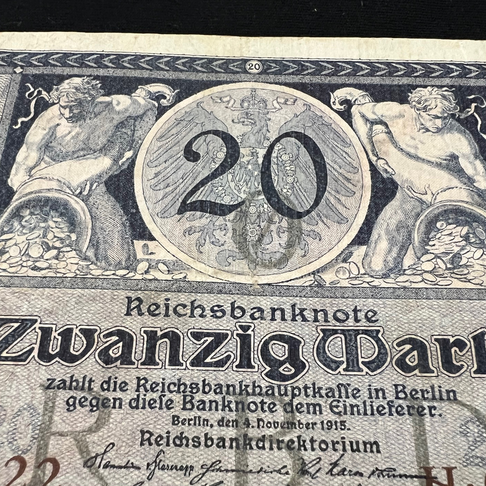 2x 1915 Germany 20 Mark Banknote Great War WW1 WWI Antique Artifact Art Relic