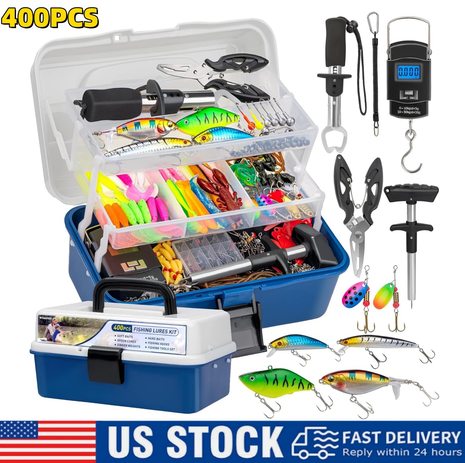 400PCS Set Fishing Tackle Box Full loaded Accessories Hooks Lures Baits Worms US