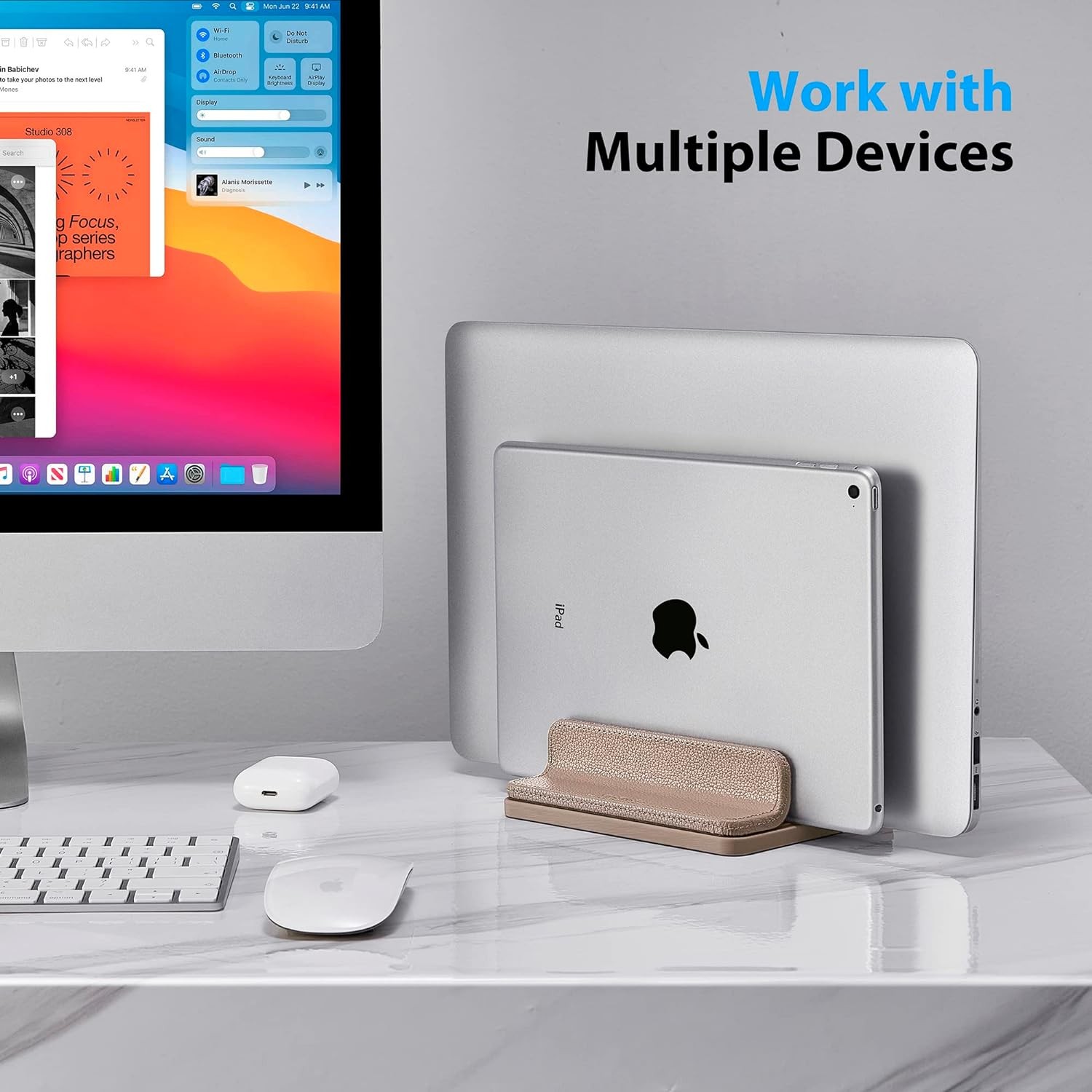 Leather Vertical Laptop Stand,Dual Laptop Holder Stand,Laptop Organizer with Adj