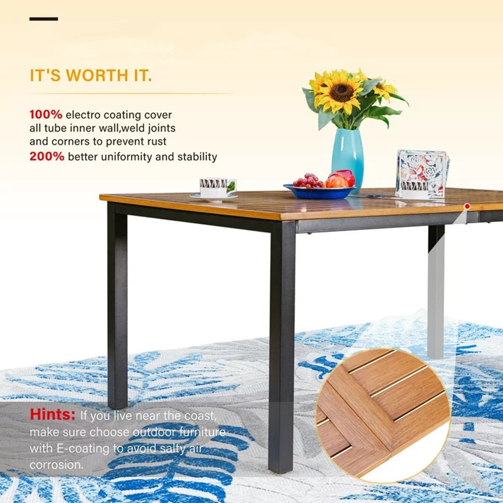 Outdoor Patio Dining Table Rectangular Porch Backyard Deck Table w/Umbrella Hole