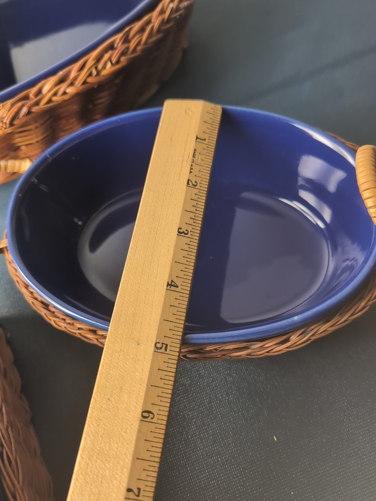 3 Pcs Temptations Blue Divided Oval Casserole & Baking Dishes~Wicker Baskets