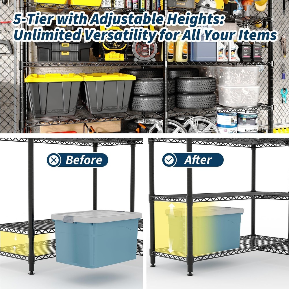 5-Tier Storage Shelving Unit ,Garage Metal Wire Rack ,Adjustable Storage Shelf