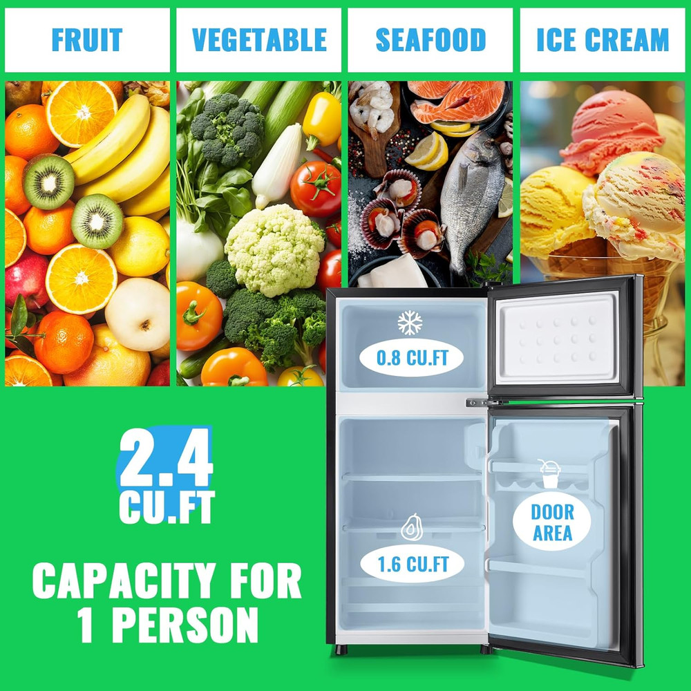 2.4 Cu.Ft Mini Fridge with Freezer & Double Door Small Tiny Size Refrigerator wi