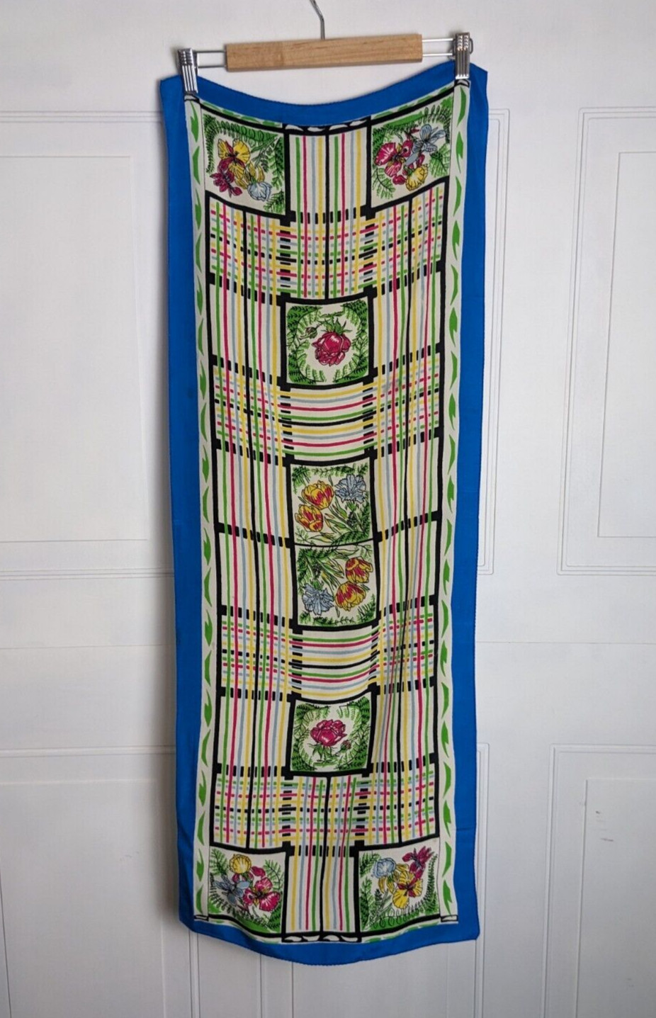 Vintage floral bird stripped scarf long rectangle approx 15 x 40" satin