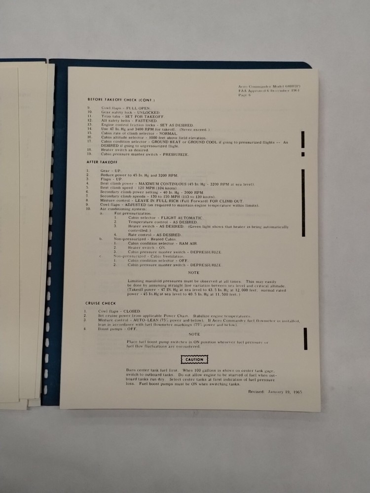 Aero Commander 1961 Model 680F Pressurized Flight Manual-Original