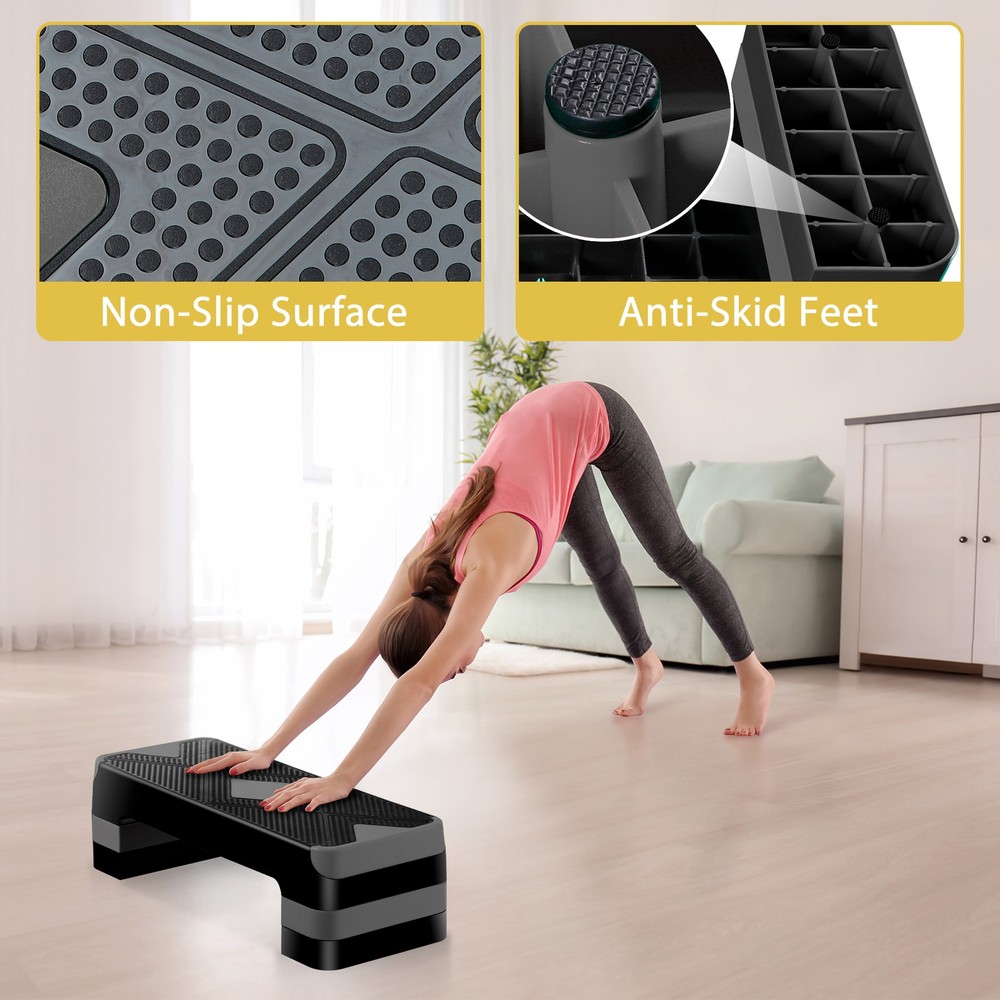 Adjustable 27" Aerobic Step Exercise Non-Slip Platform Stepper 4" - 8" Grey