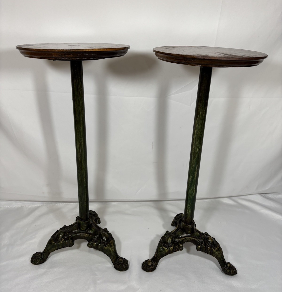 Antique Vintage Painted Green Cast Iron & Walnut? Wood Top Pedestal Plant Stand