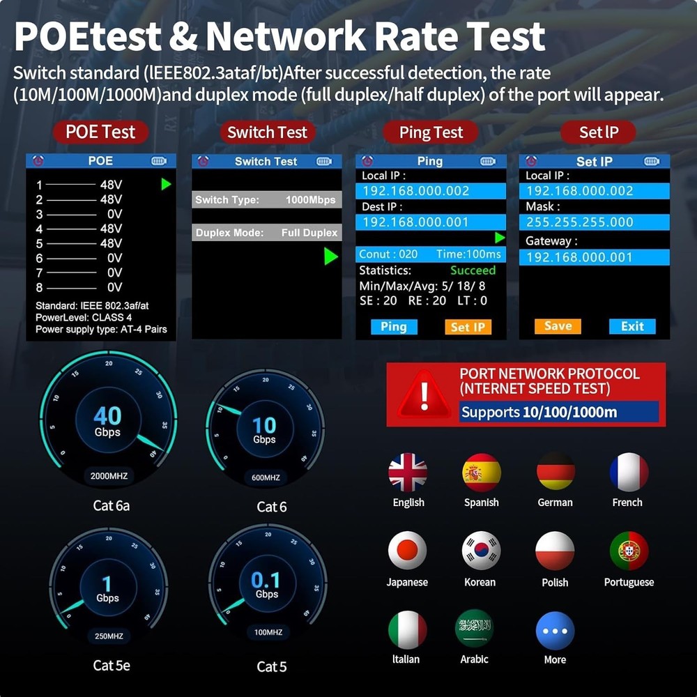 Advanced Ethernet Cable Tester TDR PoE Ping Scan Port Flash Network Speed