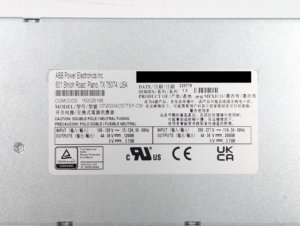 ABB Power Electronics 2000W Server Power Supply (CP2000AC57TEP-CM) Gray