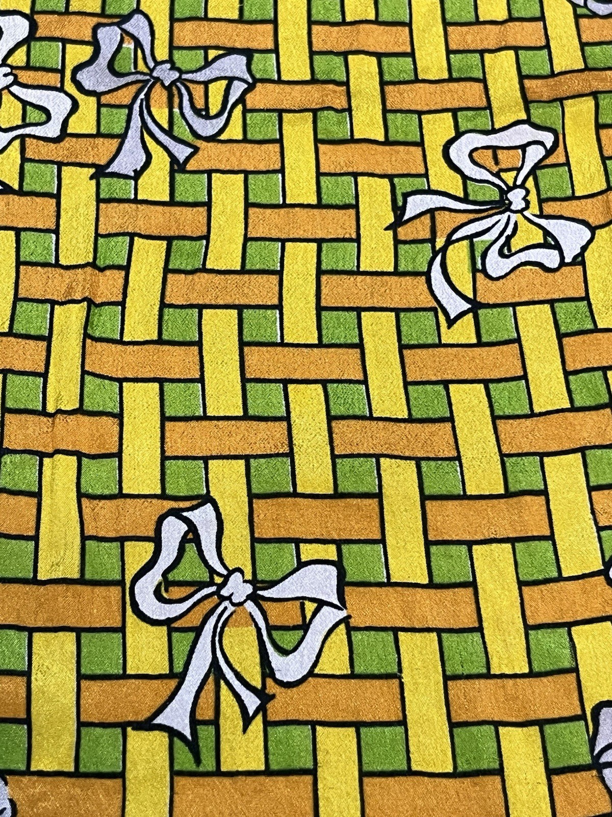 Vintage Unbranded Rectangle Woven Basket Pattern Bows Green Yellow Orange Scarf