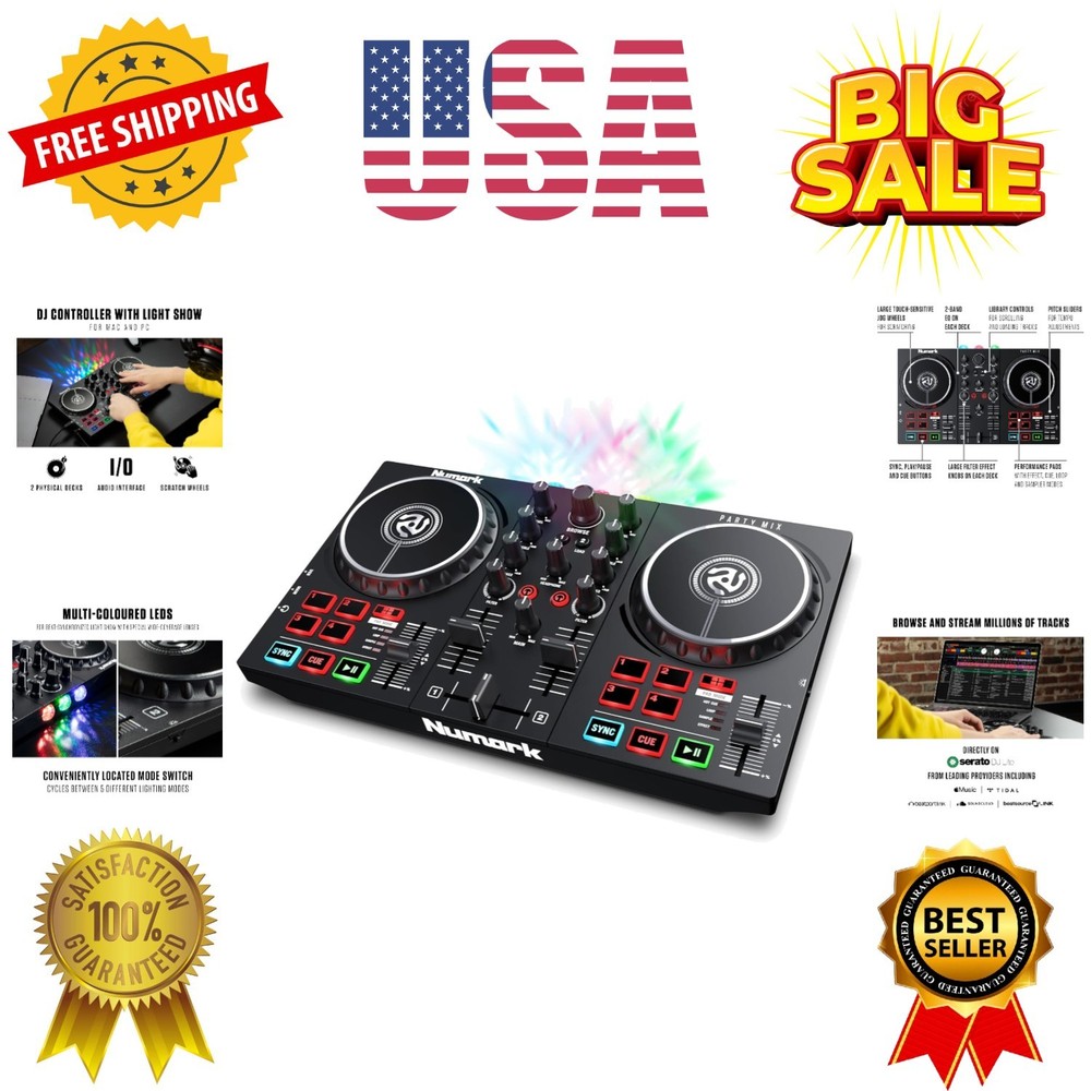 Party Mix II DJ Controller with Lights, 2 Decks, Mixer, Audio Interface and