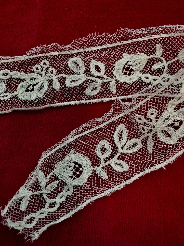 Insert handmade Brussels bobbin lace applique on net insert