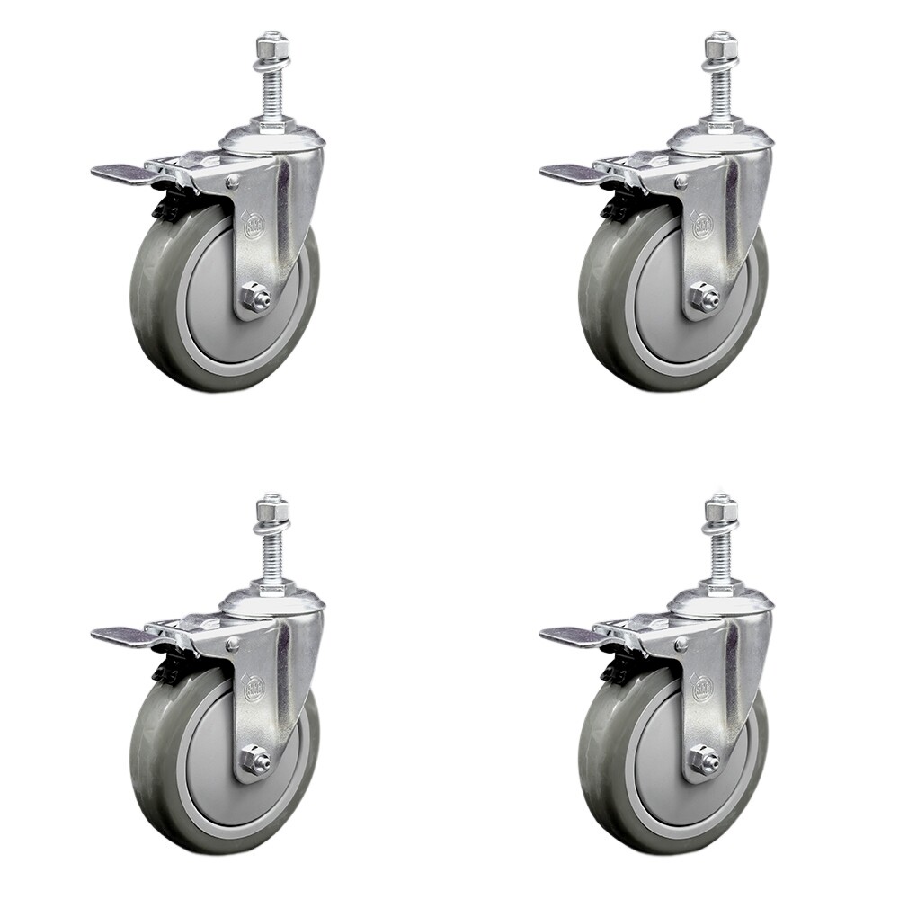 5 Inch SS Gray Polyurethane 10mm Threaded Stem Caster Set Total Lock Brake