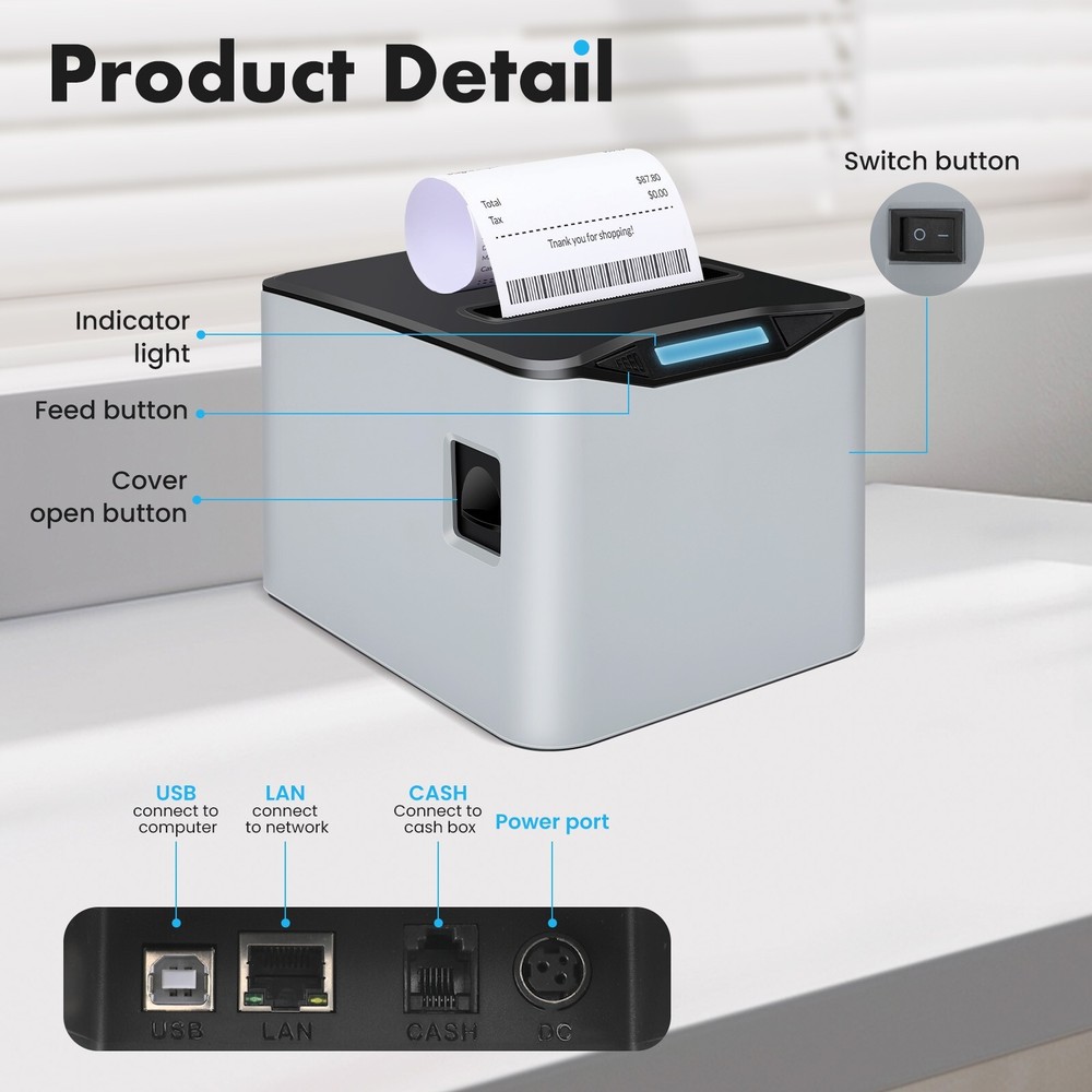 80mm Thermal Receipt Printer,USB POS Printer,Support Windows/Mac/Linux/OPOS