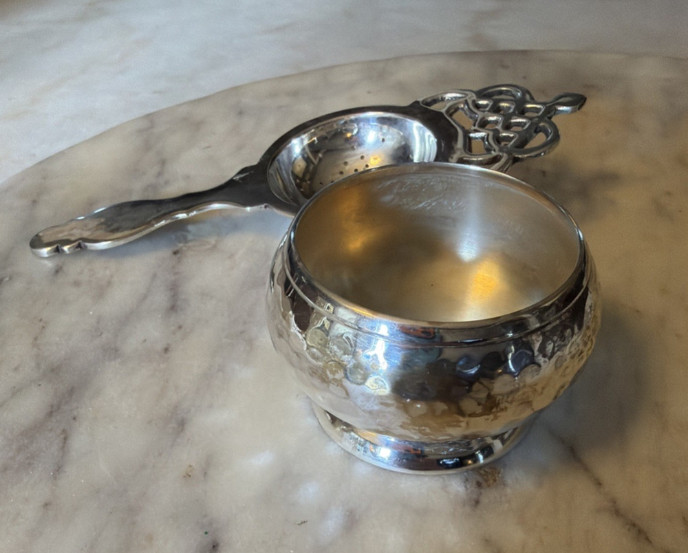 Antique Loose Tea Bag Strainer Basket Silverplate Spoon and Bowl