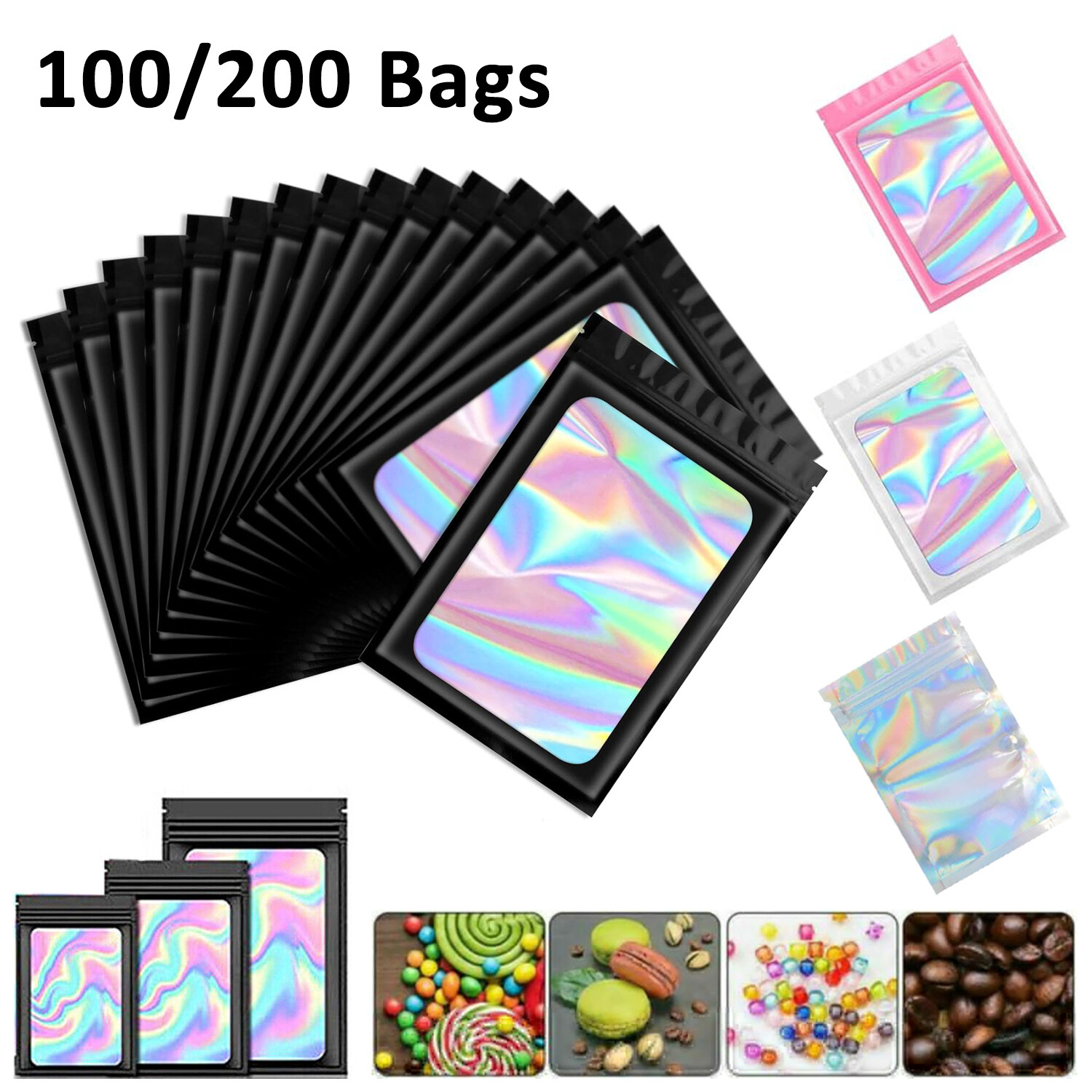 100/200Pcs Holographic Mylar Foil Bags Smell Proof Resealable Zip Seal Pouches