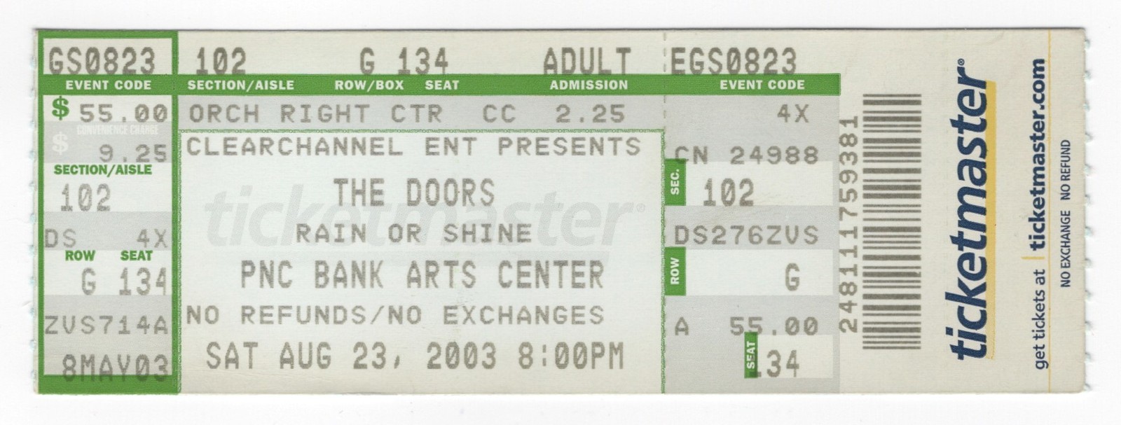 The Doors 8/23/03 Holmdel NJ PNC Bank Arts Center Rare Full Ticket!
