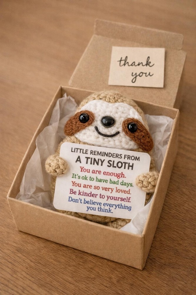Tiny Sloth Positive Affirmation Plush • Cute Desk Decor • Pocket Reminder