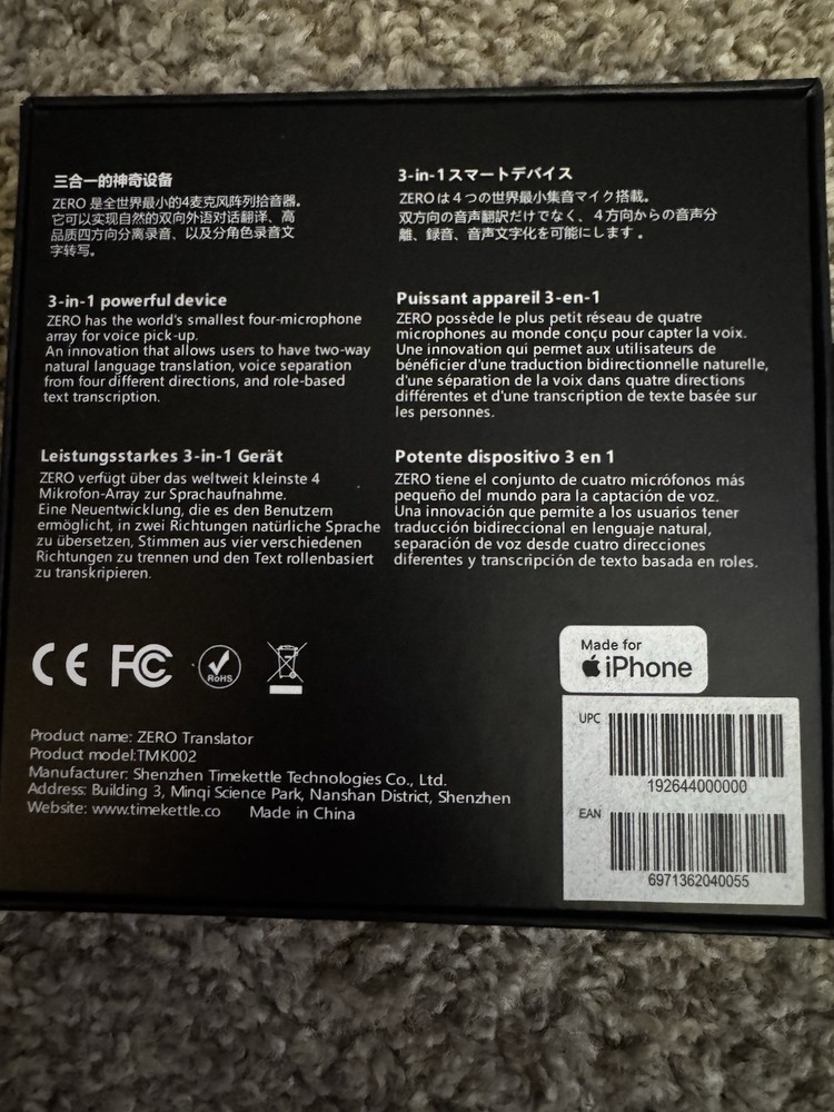 Timekettle Zero Translator Device for iPhone IOS - Black - NEW