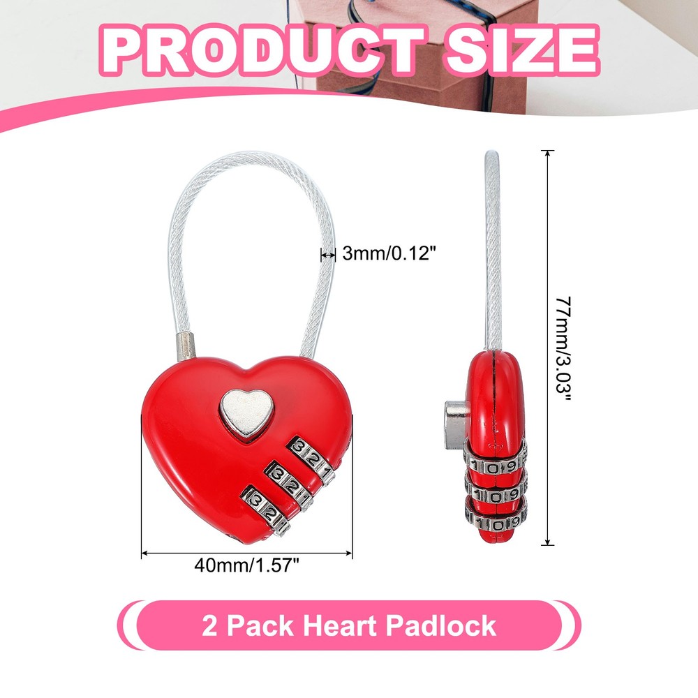 2 Pack Heart Padlock Heart Shape Love Lock Combination Lock Locker Locks Red