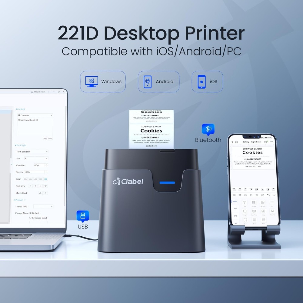 CLABEL Desk Bluetooth Barcode Label Printer: 221D Label Maker with Direct The...