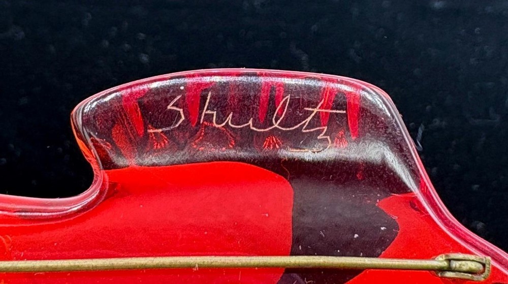 Vintage Signed Shultz Cherry Juice Bakelite Fish Pin
