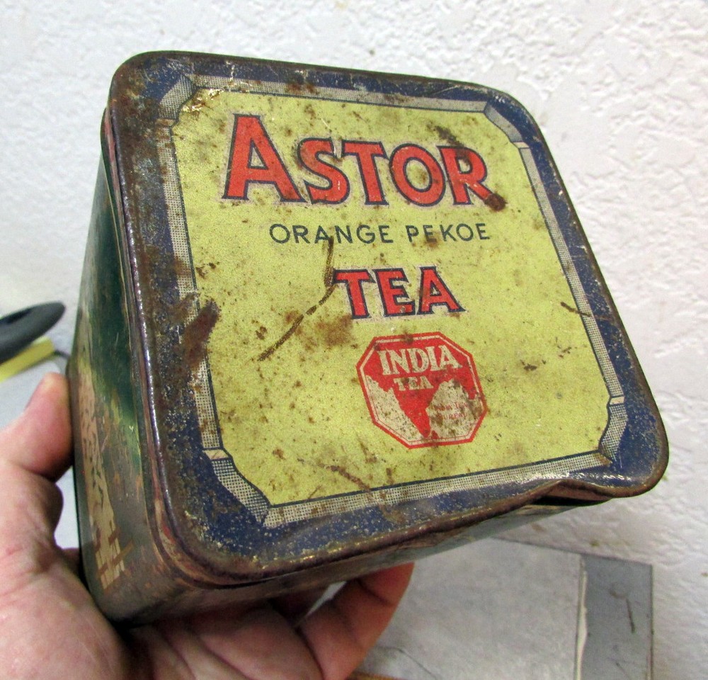 Vintage Mission Garden empty tea tin, Java Ceylon India wrong lid, kitchen decor