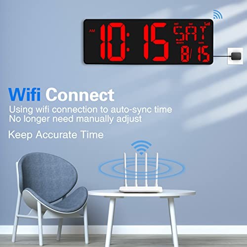 Large Digital Wall Clock WiFi Sync, 16.5 in Large Display Wall Red WIFI Clock