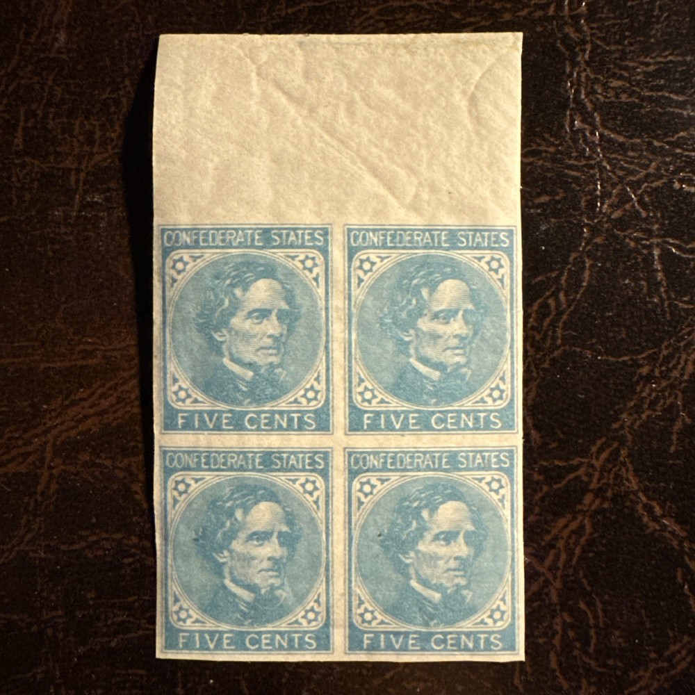 Confederate, CSA #6 5¢ Blue, Top Margin Block of 4, Mint OG NH Extremely Fine
