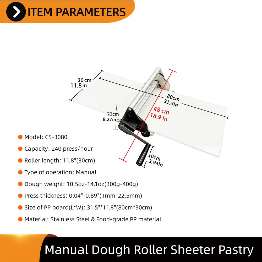 Stainless Steel Dough Roller Manual Sheeter Adjustable Thickness Max 0.89''