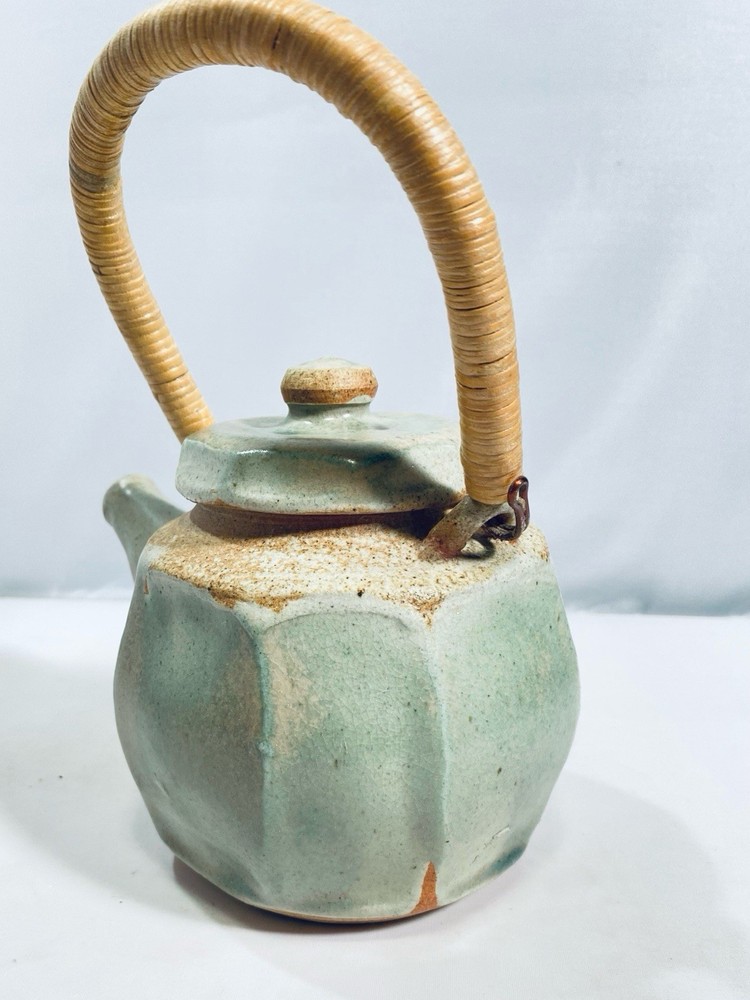 Studio Pottery Celadon Teapot Small Ceramic Rattan Wrapped Handle