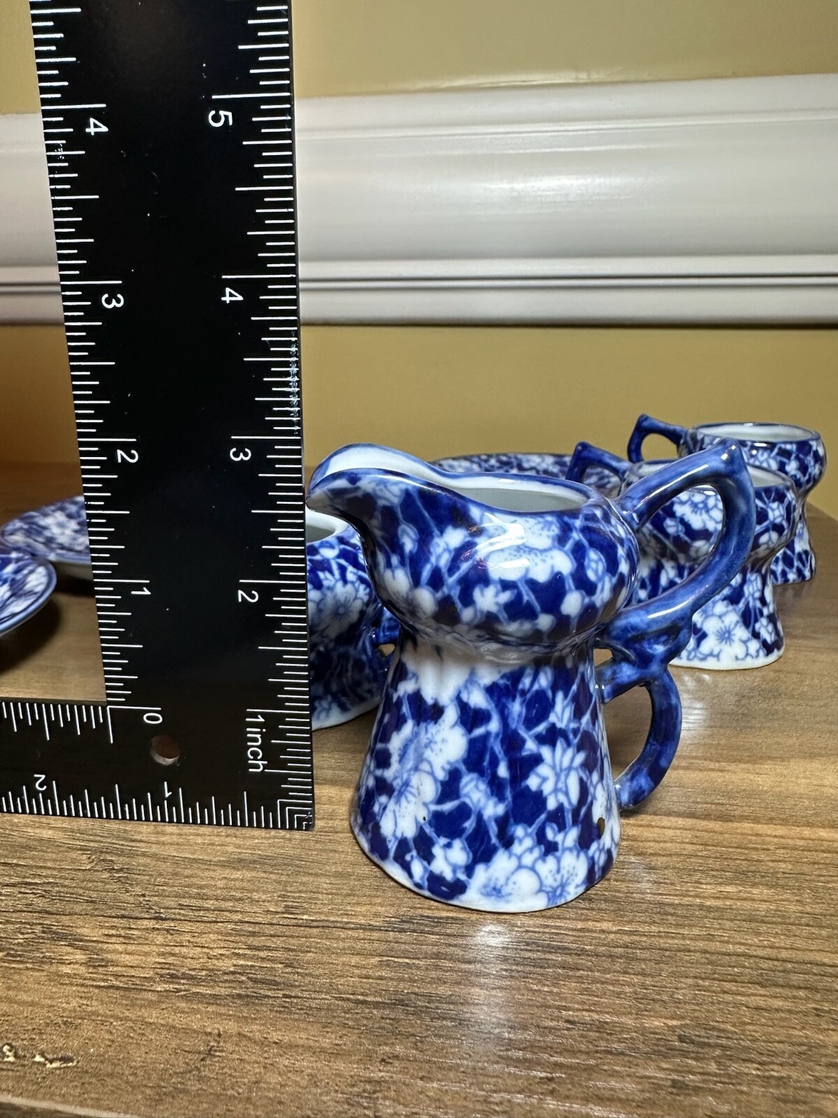 Victoria Ware Stoneware Small Tea Cups Saucers Sugar Creamer Cobalt Flue Floral