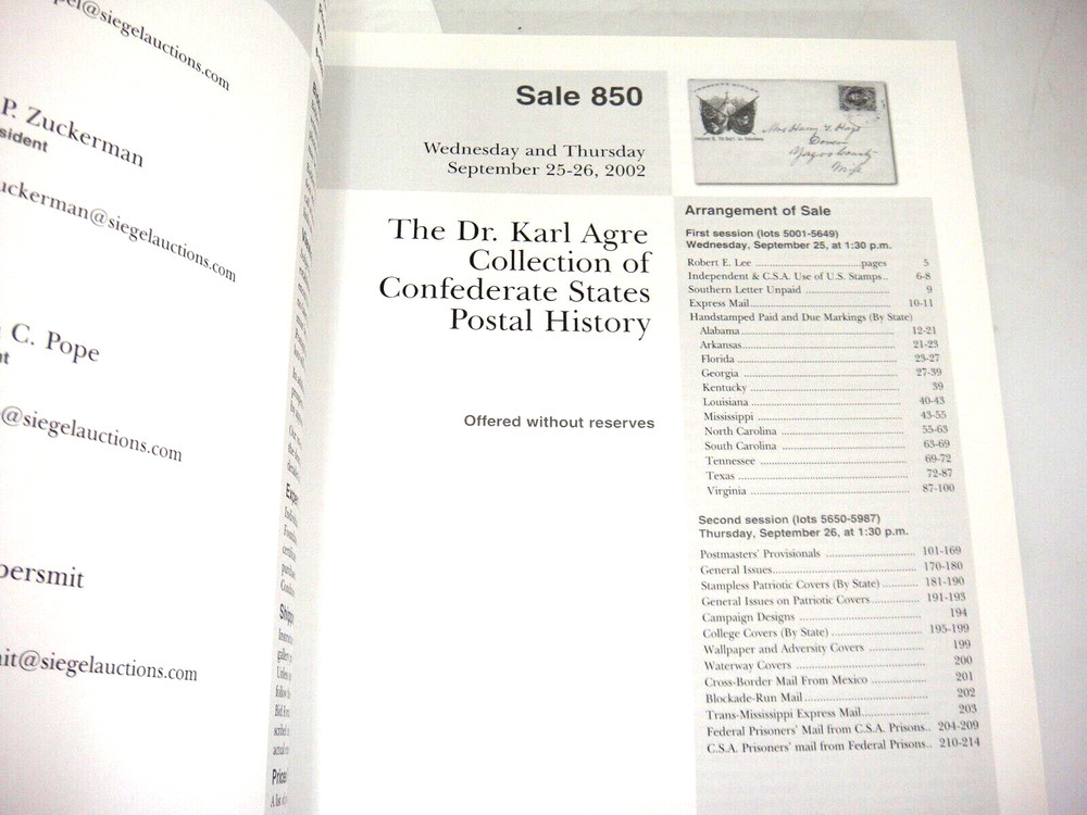 Siegel Auction Catalog 2002 w Prices Realized Karl Agre Coll. Confederate States