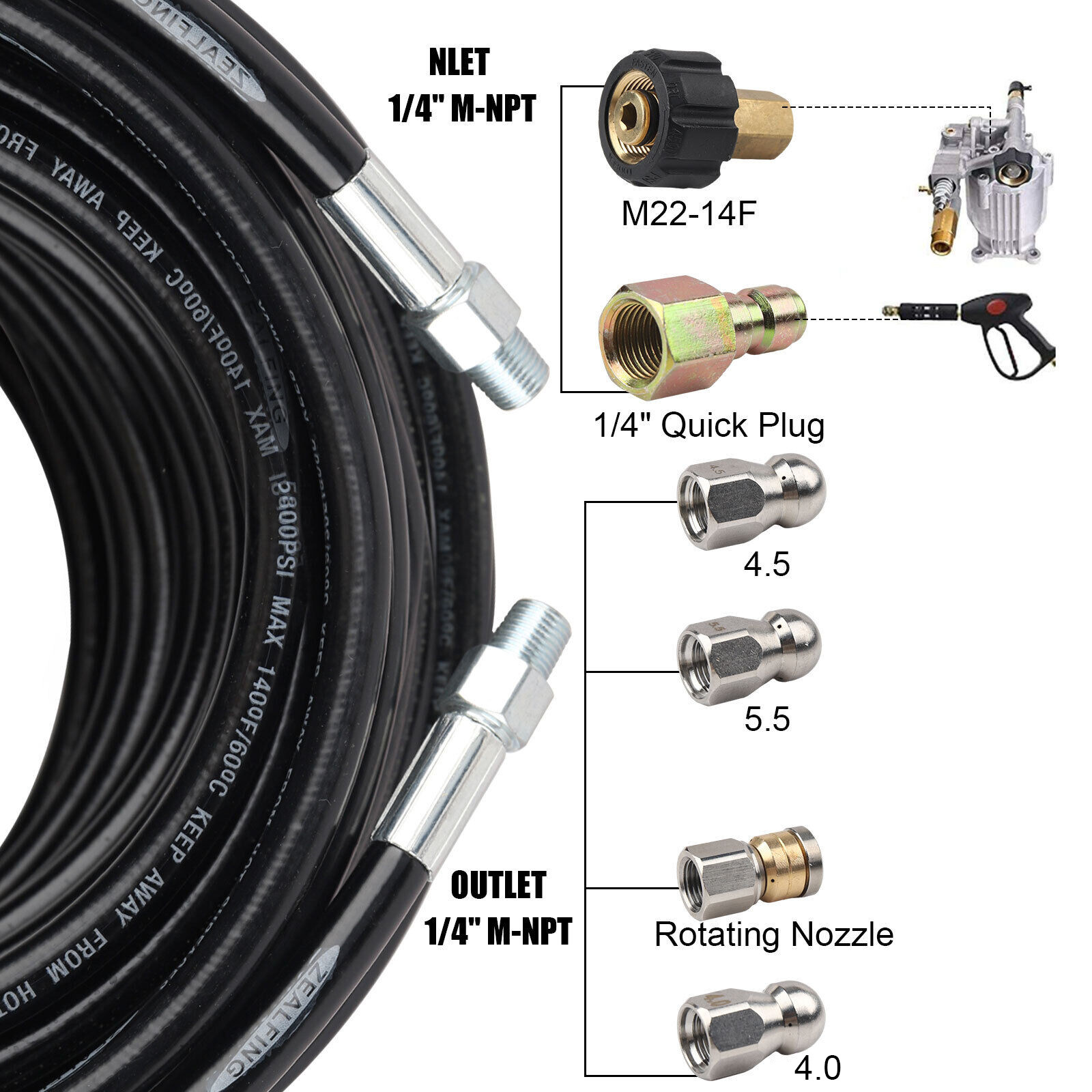 5800PSI Sewer Jetter Nozzles Kit 100FT 50FT Cleaning Hose for Pressure Washer