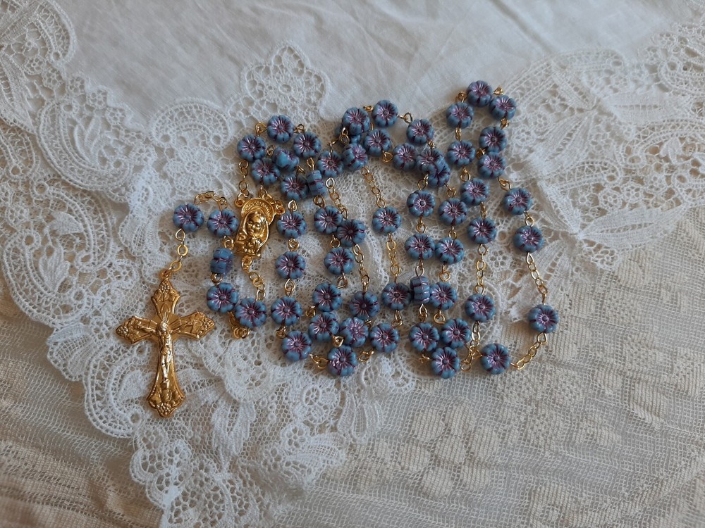 La Petit Opaque Blue Czech Crystal Flower Rosary
