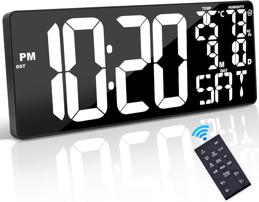 18 Inch Oversized Digital Wall Clock with Remote Control, Auto-Dimming, Temperat