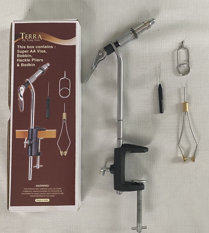 Terra Fly Tying Tools Super AA Vise, Bobbin, Hackle Pliers & Bodkin Open Box