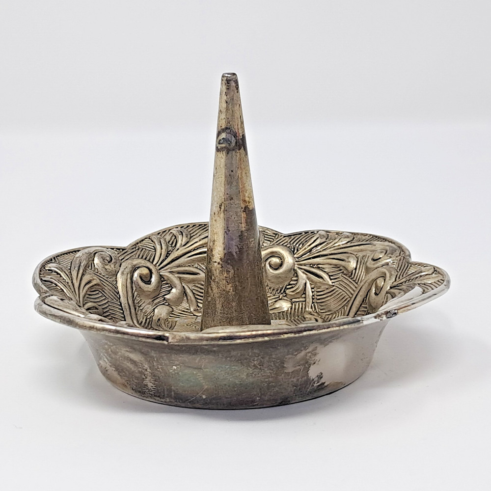 Godinger Silver Plated Ring Holder trinket dish 1992 petal scroll vintage