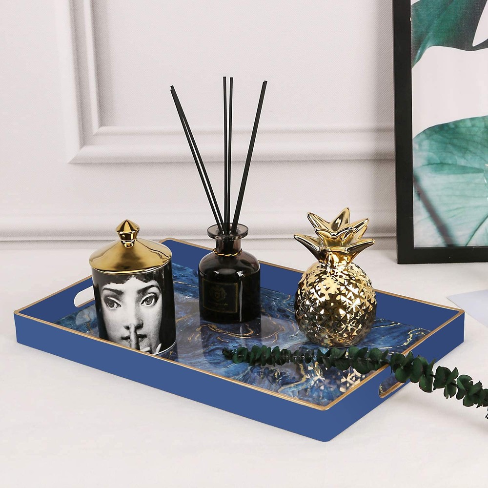 Decorative Tray Marbling Plastic Rectangular Vanity Serving 15.6x10.2 Blue