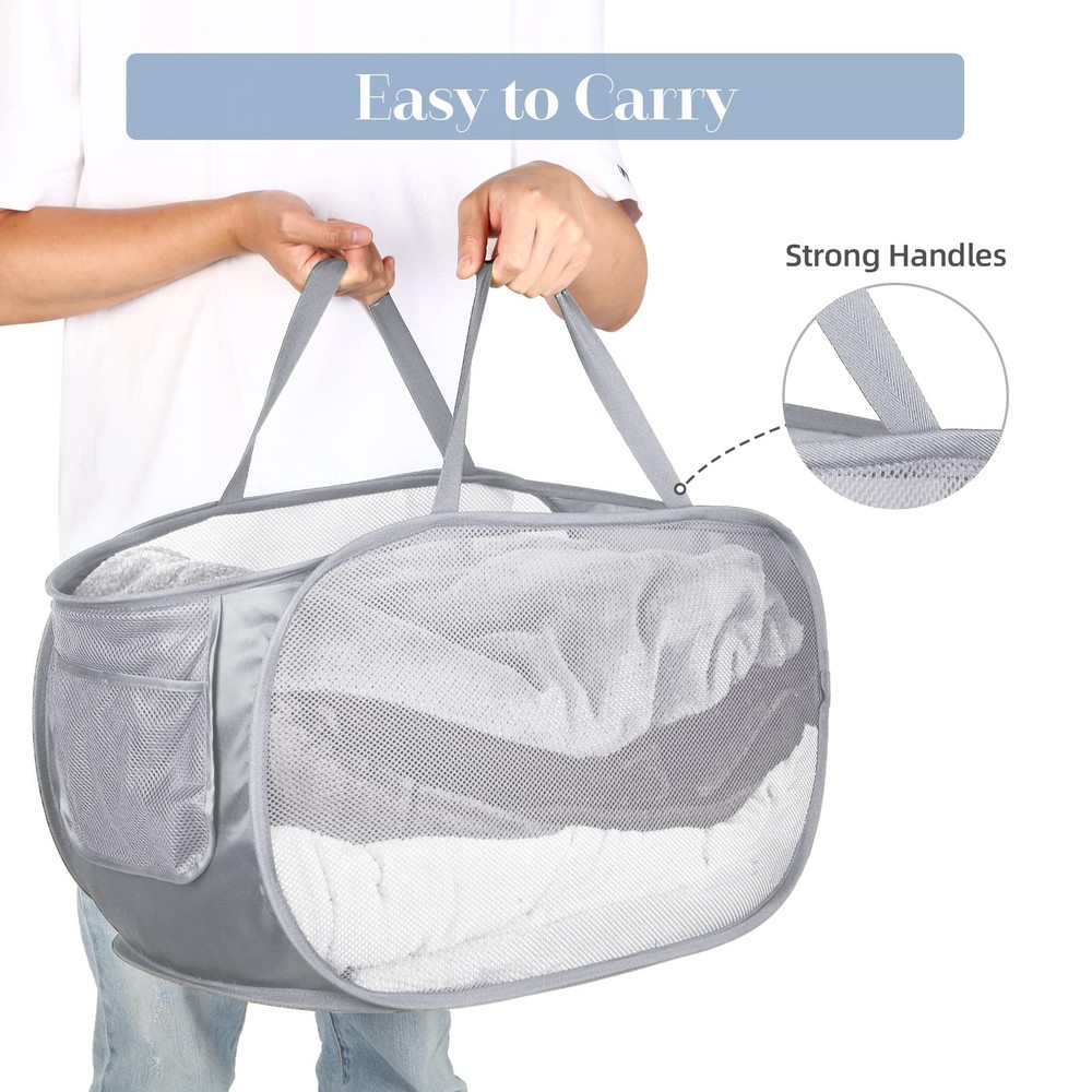 Durable Collapsible Laundry Baskets, Mesh Pop Up Laundry Hamper with Side Poc...