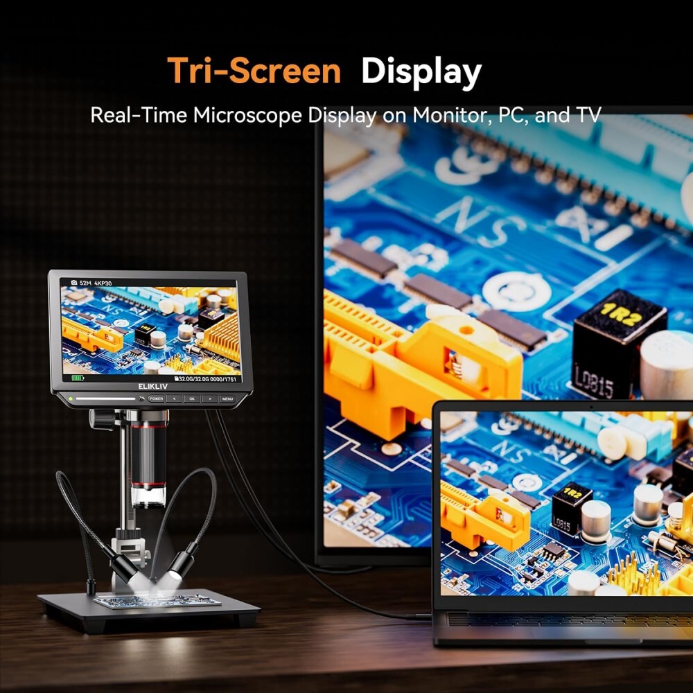 Elikliv 4K LCD Digital Microscope Coin Microscope 2000X 52MP HDMI & USB Welding