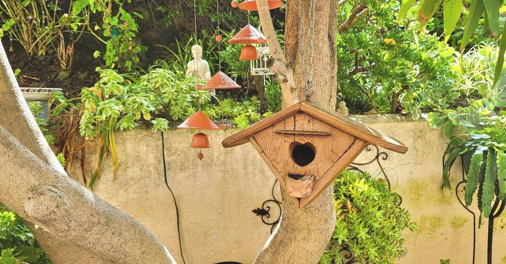 Vintage Triangular Hanging Birdhouse In Solid Oak, Heart Shaped Entry, Good Cond