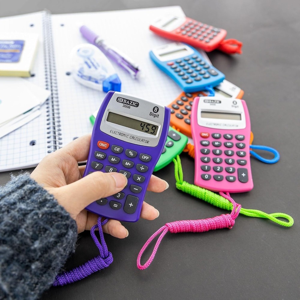 BAZIC Pocket Calculator 8-Digit LCD with Neck String 24-Pack Assorted Colors