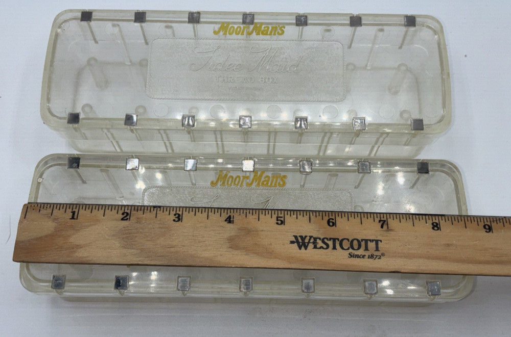 Vintage Plastic Tidee Maid Thread Boxes Notions Storage Case 2 pcs MoorMans Adv