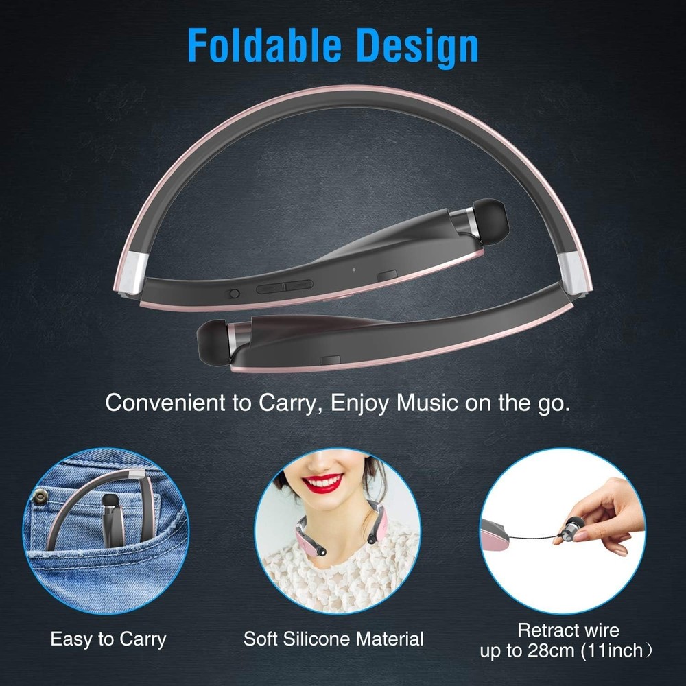 Foldable Bluetooth Headphones Wireless Neckband Headset with Retractable Earb...