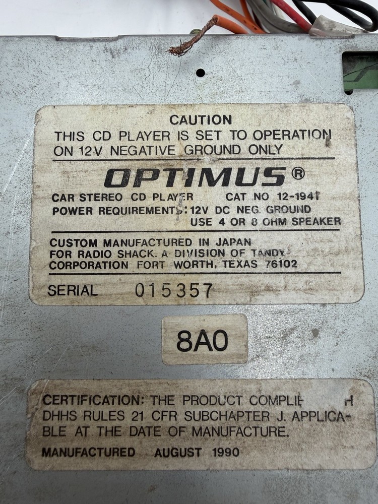 Vintage OPTIMUS CD36 Car Stereo CD System – Untested + Wiring