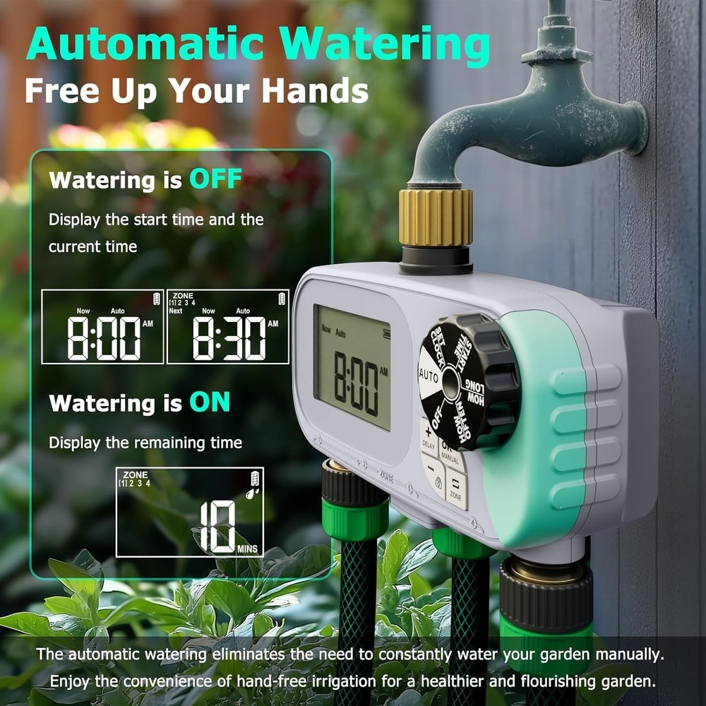 4 Zone Water Timer, Programmable Sprinkler Timer for Garden Hose with Rain Delay