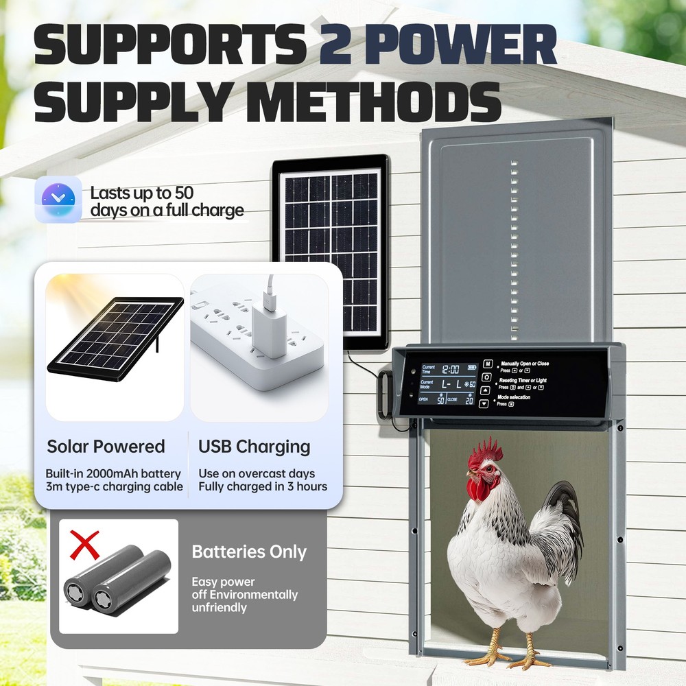 Solar Automatic Chicken Coop Door Opener w/Timer Light Sensor Remote Control