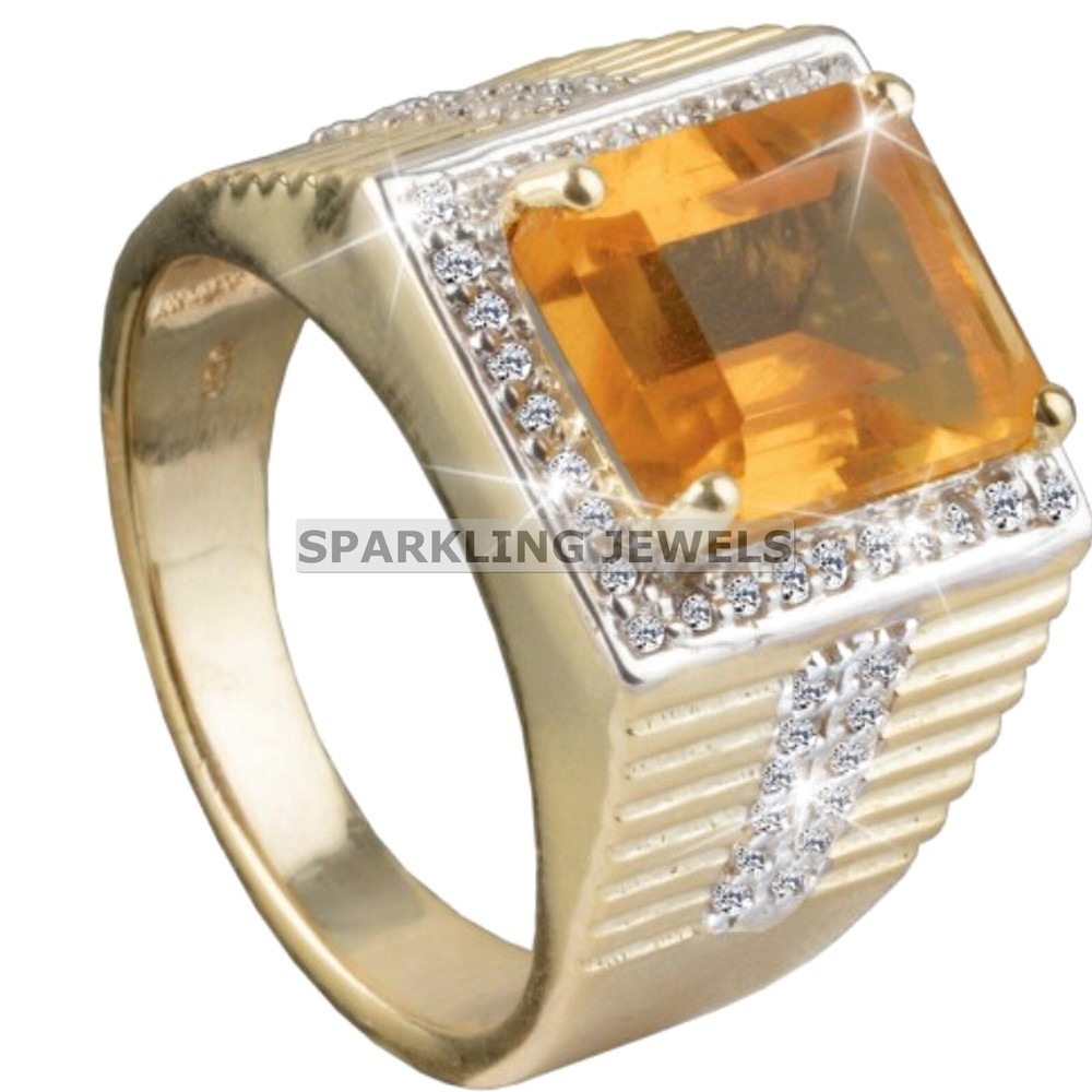 Lustrous Citrine Emerald Cut With 14K Solid Gold Ring For Men #C169