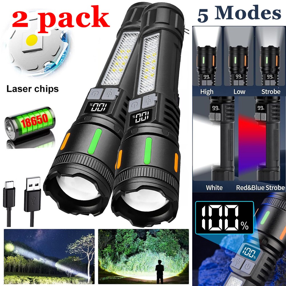 2 x 99000000 Lumens Super Bright LED Tactical Flashlight Rechargeable Work Light